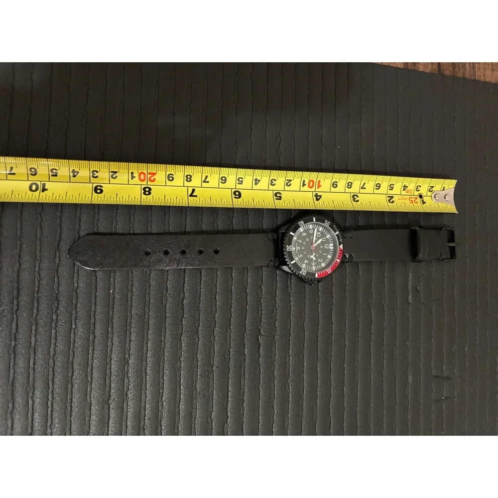 Classic Time Mens Military Field Watch Black Dial Red Bezel Leather Strap 33348